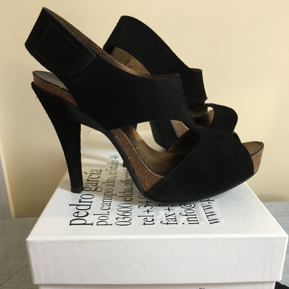 Pedro Garcia Black Suede Peep-Toe Slingback Heels